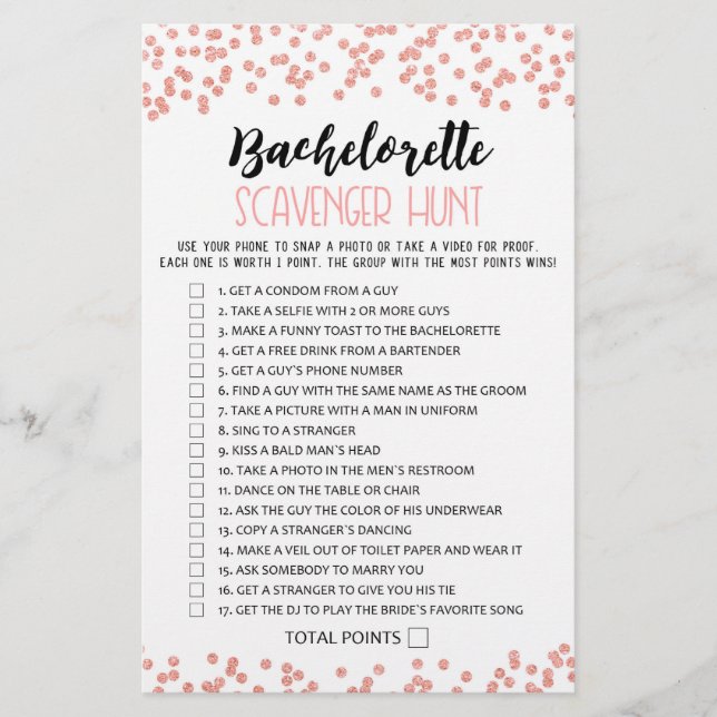 Papier Bachelorette Scavenger Chasse Hen Party jeu (Devant)