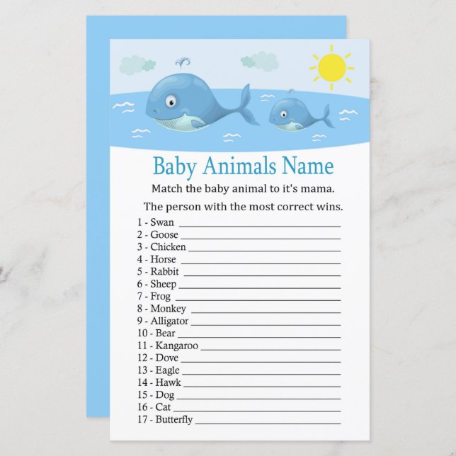 Papier Baleine Bébé Animaux Nom Jeu (Devant / Derrière)
