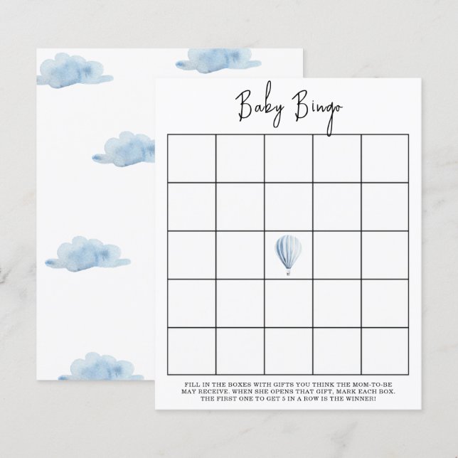 Papier Ballon à air chaud bleu - Baby shower jeu de bingo (Devant / Derrière)