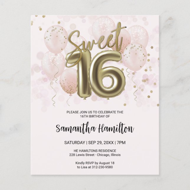 Papier Ballons de fête d'anniversaire Gold Sweet 16 Invit (Devant)