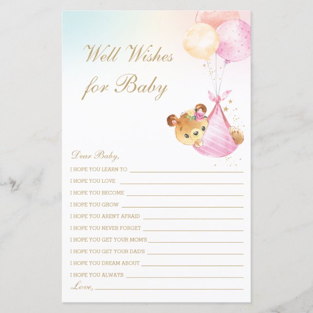Papier Ballons d'ours de fille bien des souhaits pour le  (Devant)