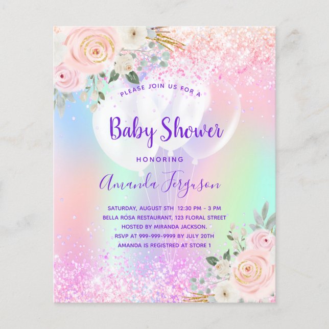 Papier Ballons fleuris rose violet Baby shower budget (Devant)