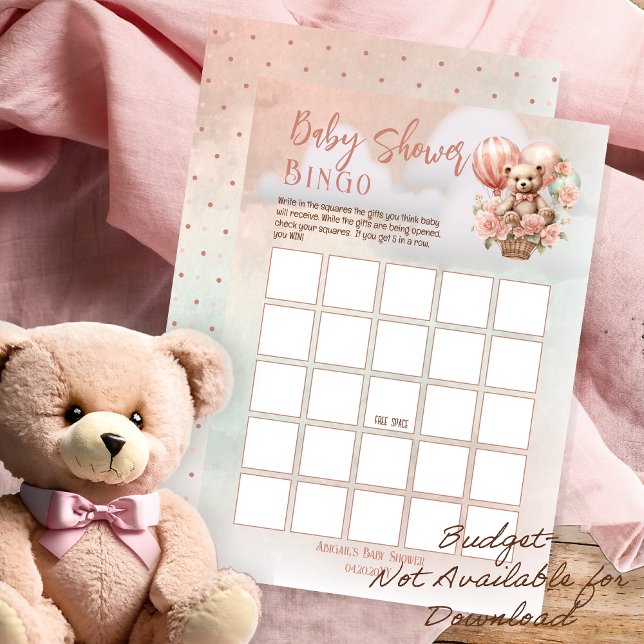 Papier Ballons Ours Teddy Bingo Baby shower Fille Rose (Teddy Bear in a Hot Air Balloon -- Pink Flowers Girl Baby Shower Bingo Game Board -Budget Print Only)