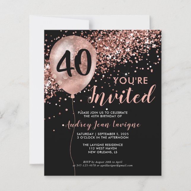 Papier Ballons Rose d'or noir 40e anniversaire (Devant)