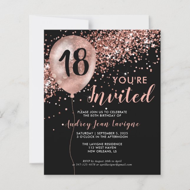 Papier Ballons Roses Budget Or Noir 18e anniversaire (Devant)