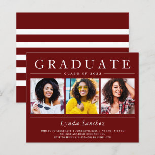 Papier Bandes rouges foncées 3 Invitations de graduation 