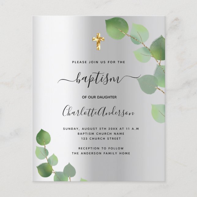 Papier Baptême argent invitation eucalyptus budget (Devant)