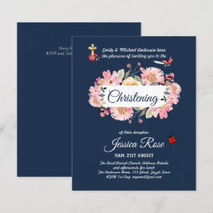 Papier Baptême bleu rose floral Invitations