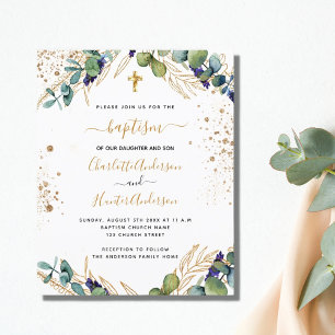 Papier Baptême budget eucalyptus or jumeaux invitation
