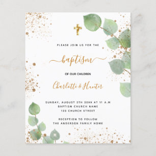 Papier Baptême budget eucalyptus or jumeaux invitation