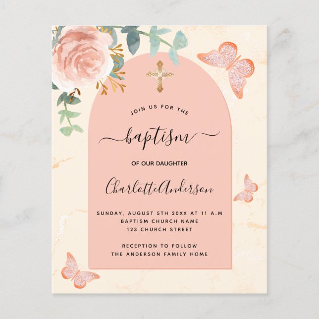 Papier Baptême Budget eucalyptus rose papillons floraux (Devant)