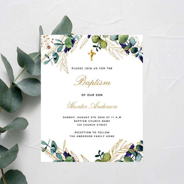 Papier Baptême Budget eucalyptus vert invitation bleue (Créateur téléchargé)
