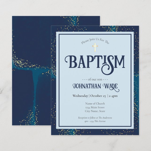 Papier Baptême budgétaire Invitations croisées bleu et or (Devant / Derrière)