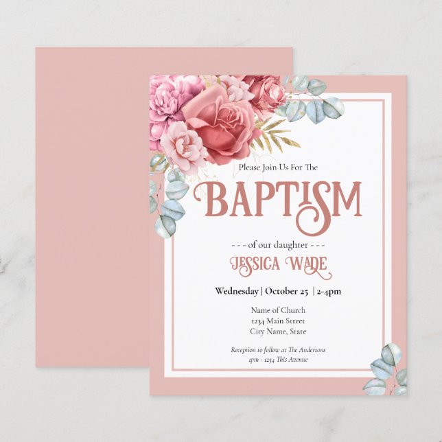 Papier Baptême budgétaire Invitations florales roses (Devant / Derrière)