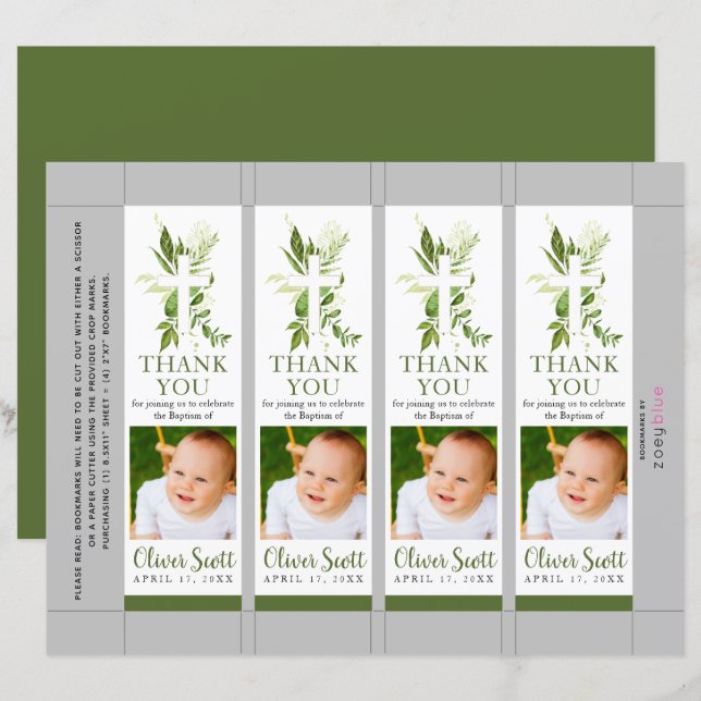 Papier Baptême du feuillage vert Signet photo (Devant / Derrière)
