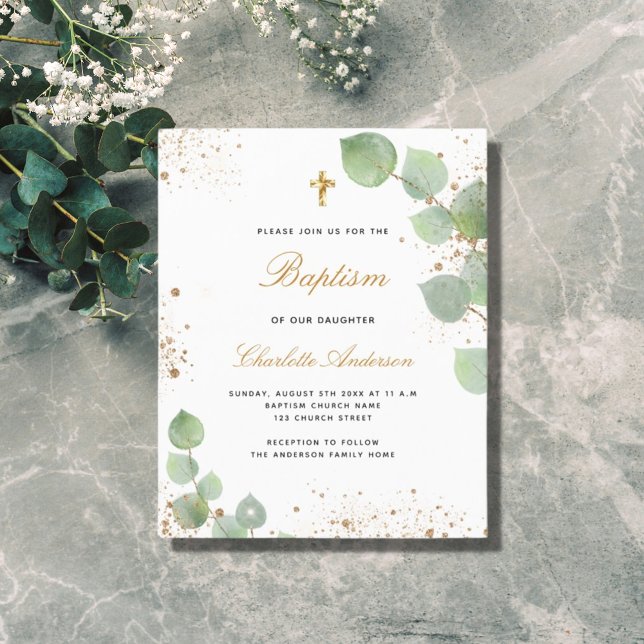 Papier Baptême eucalyptus or invitation blush (Créateur téléchargé)