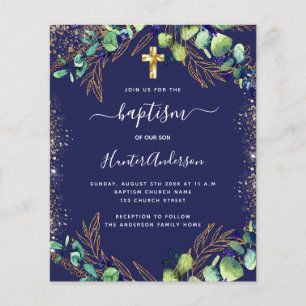 Papier Baptême eucalyptus vert marine invitation bleue