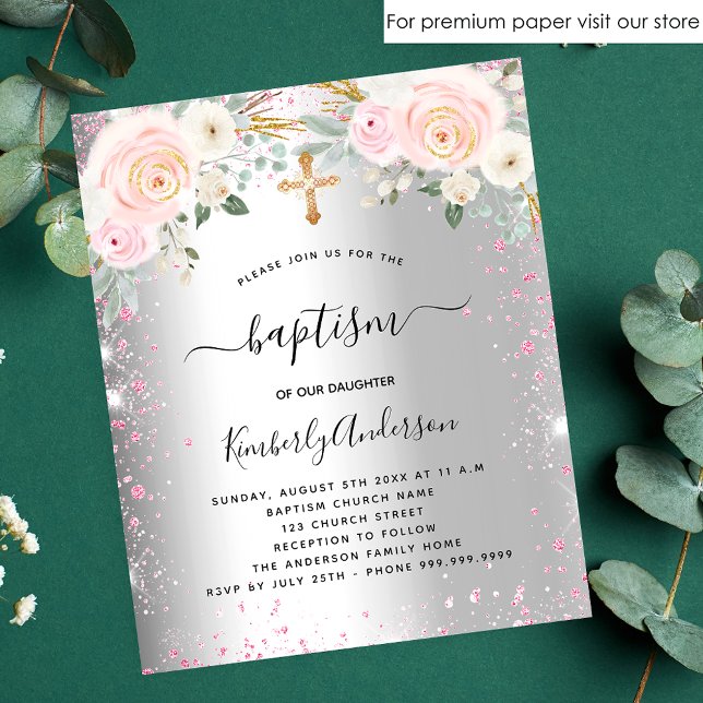 Papier Baptême fille argent rose floral parties scintilla (Créateur téléchargé)