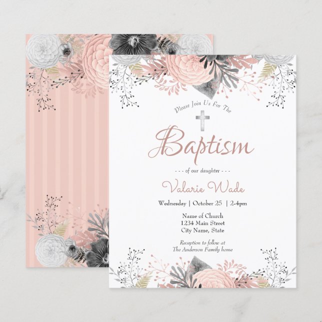 Papier Baptême floral rose pâle Invitations budgétaires (Devant / Derrière)