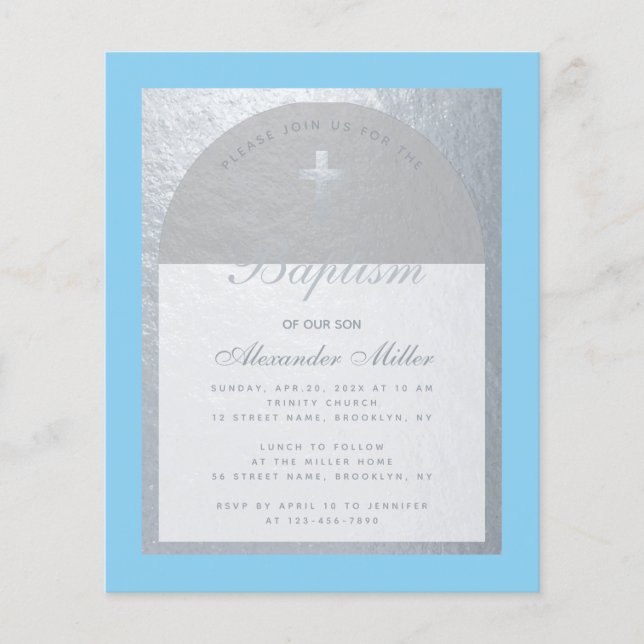Papier Baptême Garçon Budget Bébé bleu Argent Invitation (Devant)