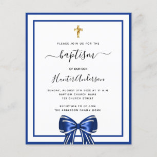 Papier Baptême garçon royal bleu blanc arc invitation