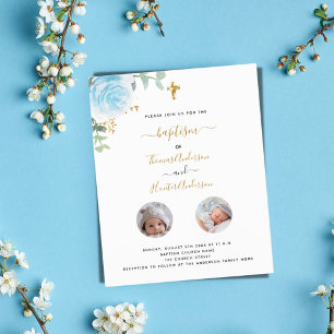 Papier Baptême jumeaux bleu floral photo garçon invitatio