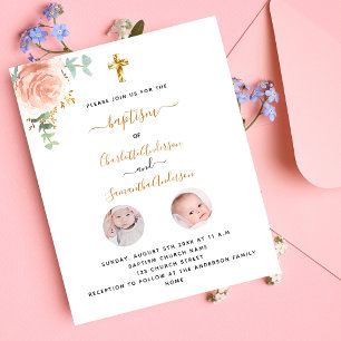 Papier Baptême jumeaux filles florale photo budget invita