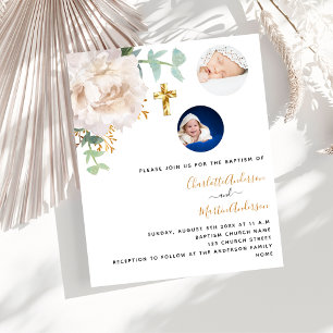 Papier Baptême jumeaux floral photo budget invitation