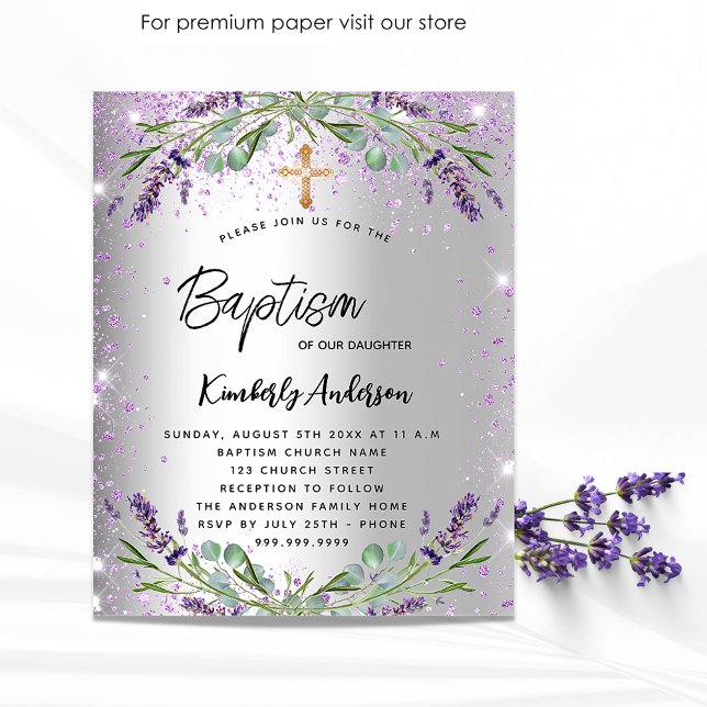 Papier Baptême lavande argent violet invitation budgétair (Créateur téléchargé)