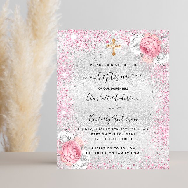 Papier Baptême rose argent jumeaux floral invitation budg (Créateur téléchargé)