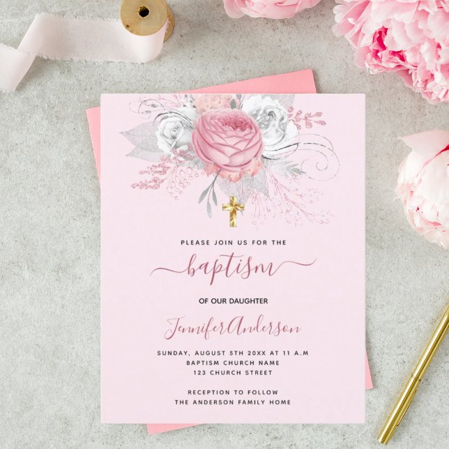 Papier Baptême rose floral fille élégante blanche invitat (Créateur téléchargé)