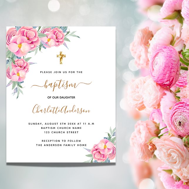 Papier Baptême rose florales rose or budget invitation (Créateur téléchargé)