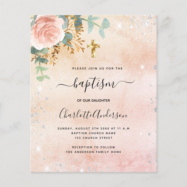 Papier Baptême rose or floral eucalyptus invitation (Devant)
