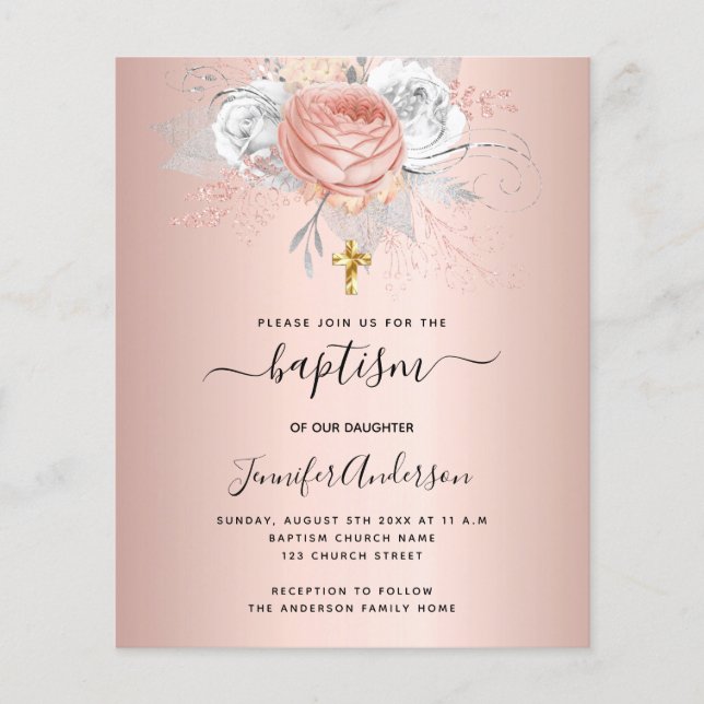 Papier Baptême rose or florales fille invitation (Devant)