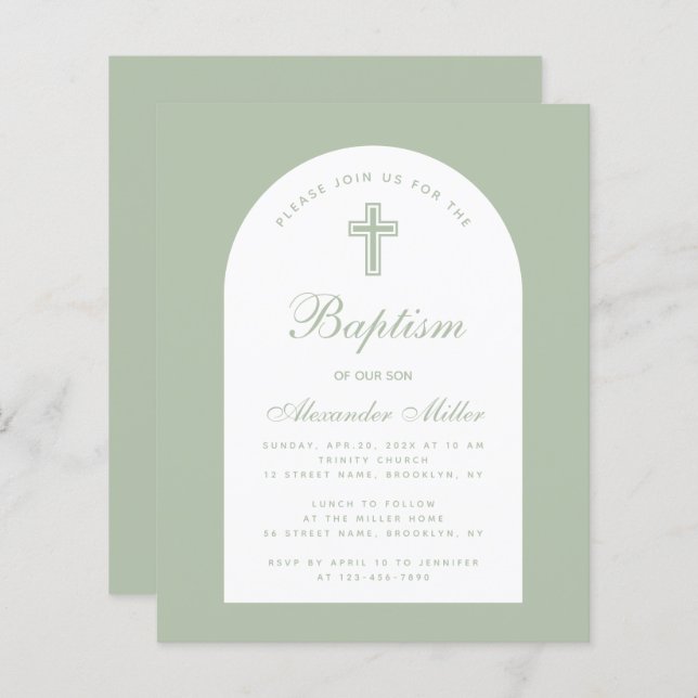 Papier Baptême Sage Budget Arc Green Script Invitation (Devant / Derrière)
