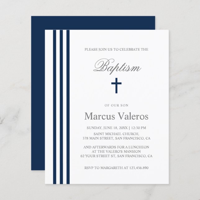 Papier BAPTISM Chic Vertical Strited Marine Croix Bleue (Devant / Derrière)