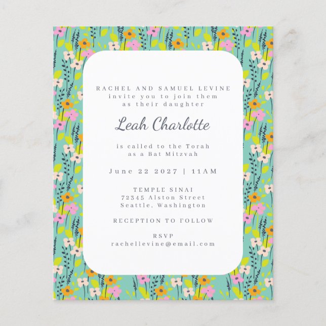 Papier Bar Mitzvah Floral Vert Menthe Rose Pas Cher Migno (Devant)