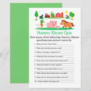 Papier Barnyard Nursery Rhyme Quiz jeu de baby shower