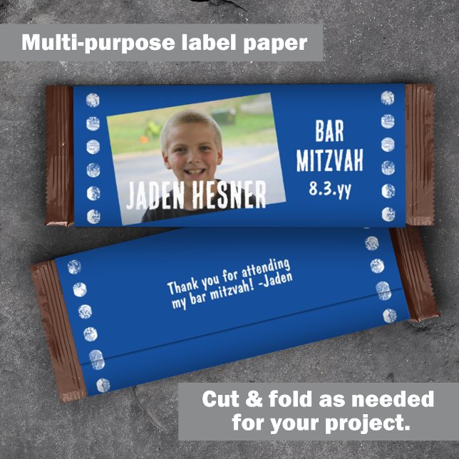 Papier Barre Bleue Mitzvah Budget Barre-Bonuse (Royal blue bar mitzvah chocolate candy bar label, budget DIY cheap low cost)