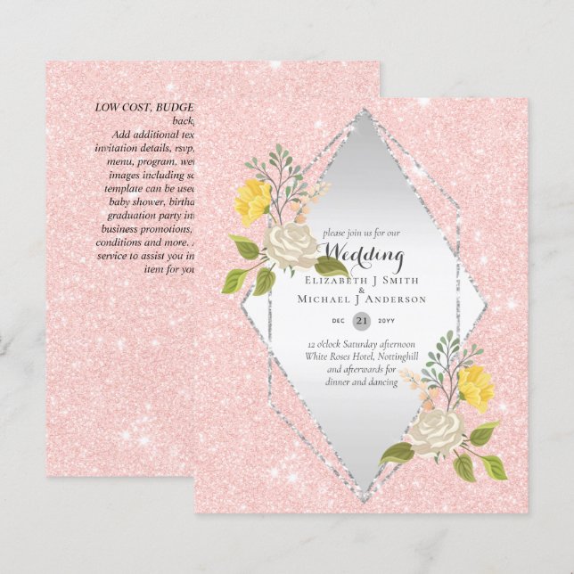 Papier BAS BUDGET Blanc Rose Jaune Fleur Mariage Inviter (Devant / Derrière)