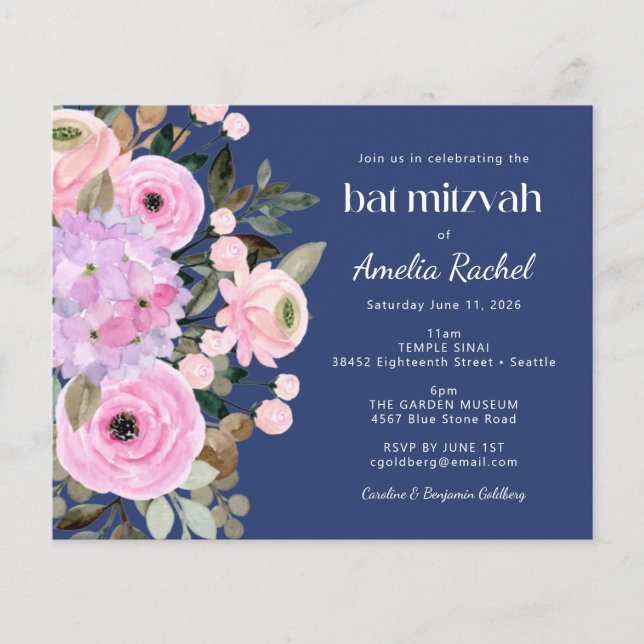 Papier Bat mitzvah d'aquarelle bleu lavande budgétaire (Devant)