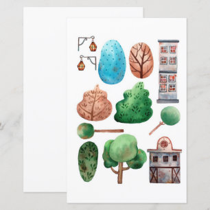 Papier Bâtiments à l'aquarelle arbres à découper et colle