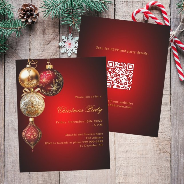 Papier Bauble en or rouge Code QR invitation Noël fête (Créateur téléchargé)