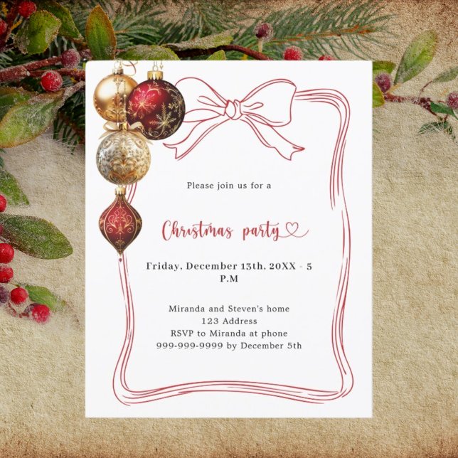 Papier Baubles or arc rouge Noël invitation (Créateur téléchargé)