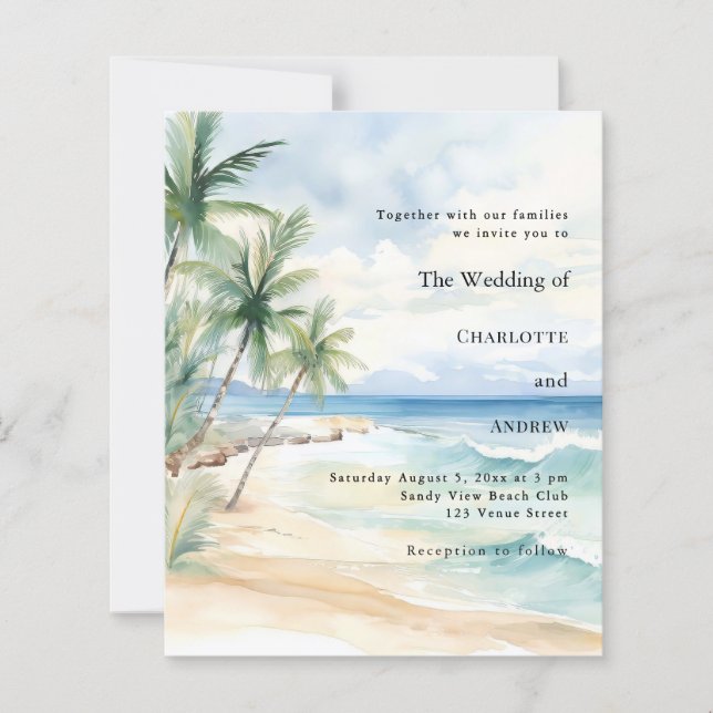 Papier Beach tropical palm destination wedding invitation (Devant)