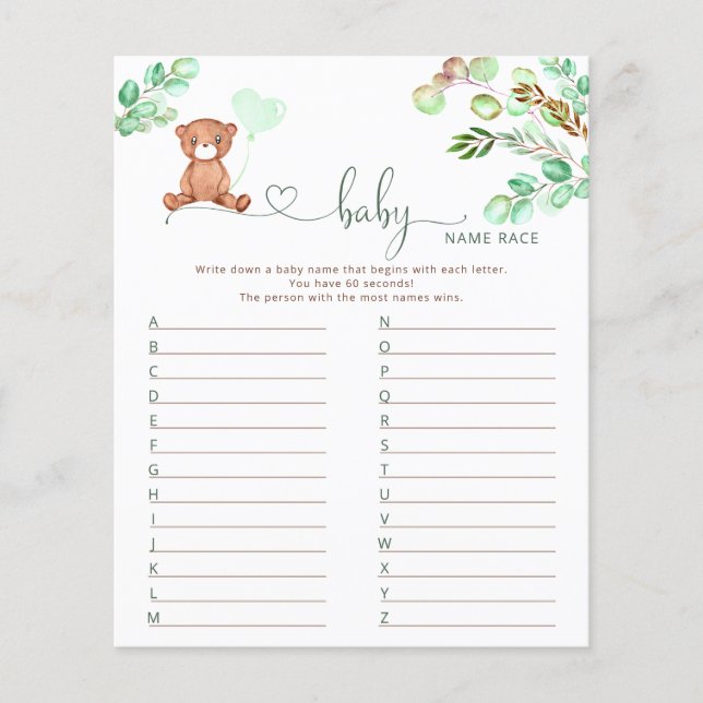 Papier Bear baby nom race jeu de baby shower (Devant)