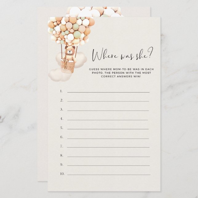 Papier Bear Baby shower Game - Où Était-Elle ? (Devant / Derrière)