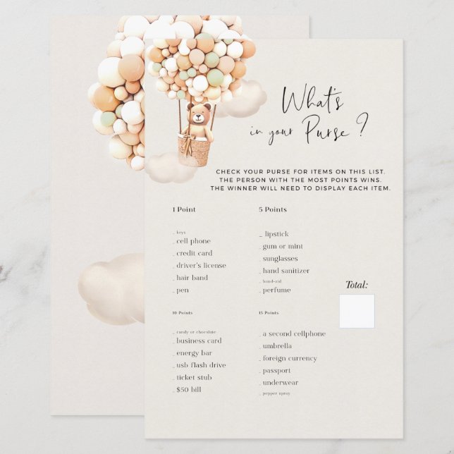Papier Bear Baby shower Game - What's In Your Purse? (Devant / Derrière)