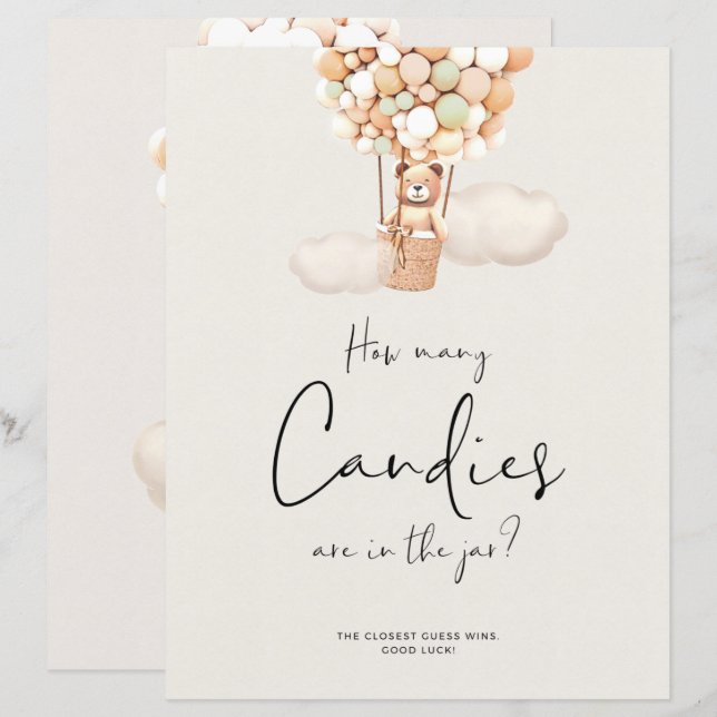 Papier Bear Baby shower Jeu - Combien De Candies En Jar (Devant / Derrière)
