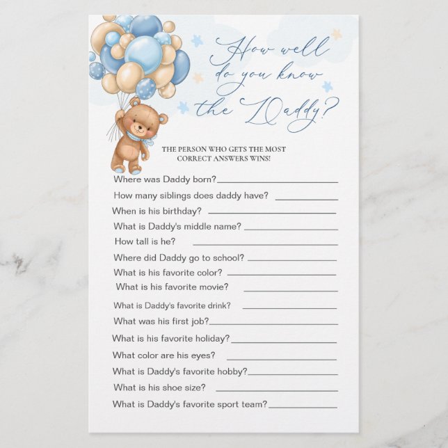 Papier Bear Baby shower Jeu Comment Bien Connaissez-Vous  (Devant)